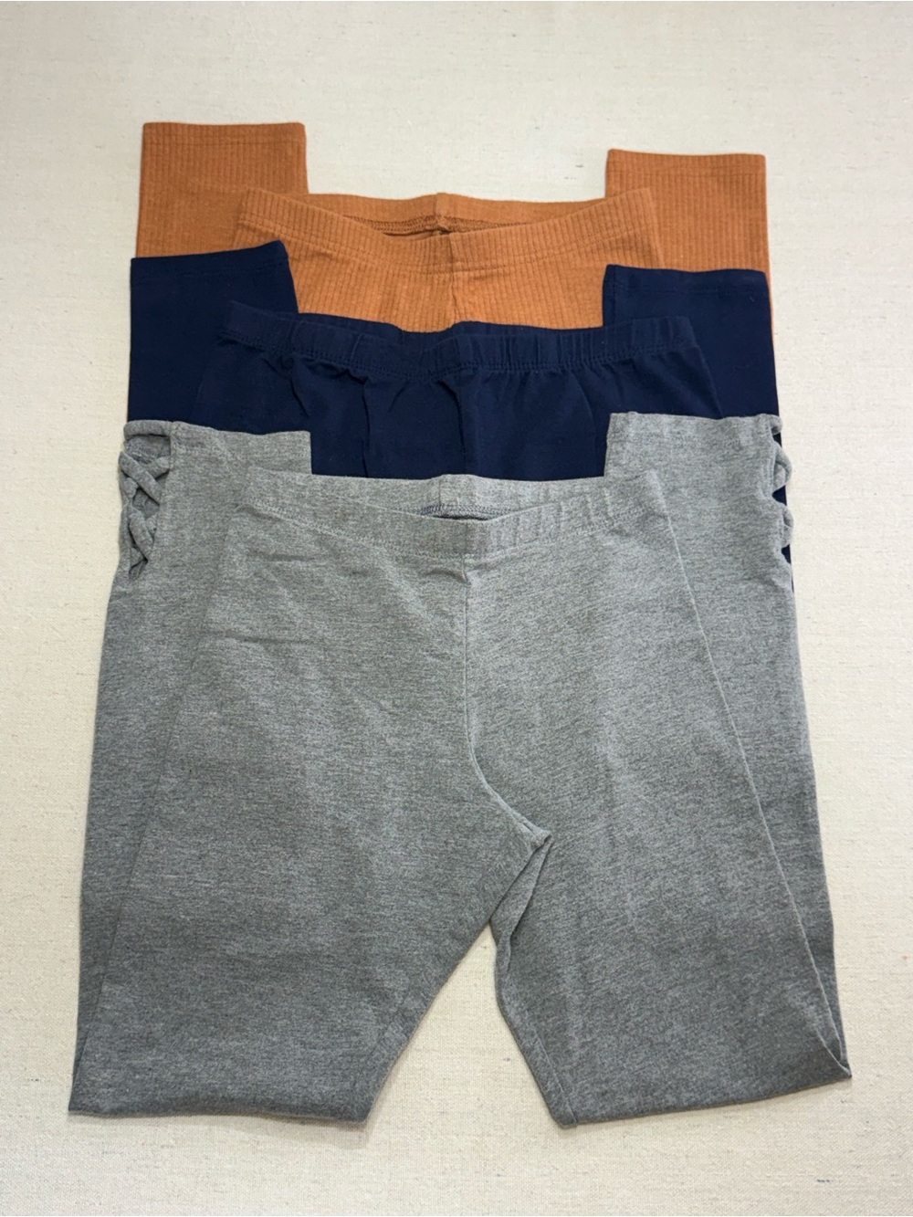 Girls 3-Pack Leggings in Grey, Navy, and Rust - Size Large (10-12)